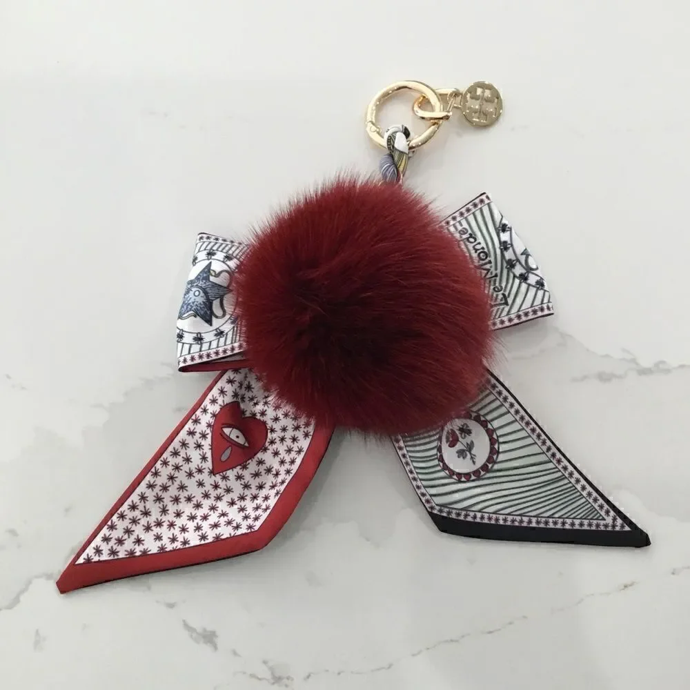 TORY BURCH KEY CHARM FOX FUR SILKY BOW